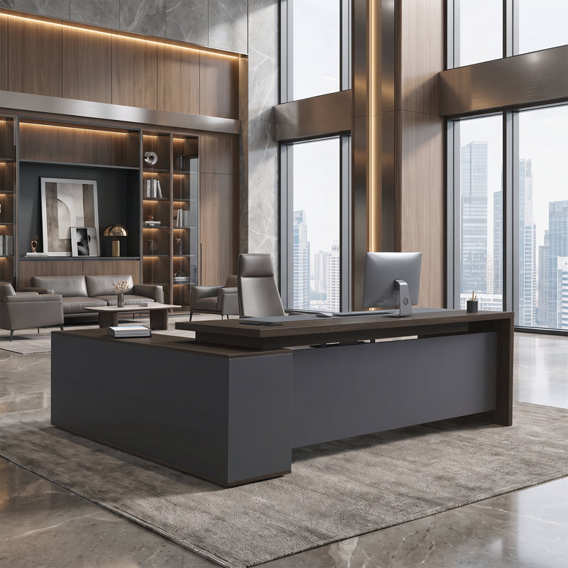 Bureau de direction ergonomique en L Achilles avec rangement intégré et gestion de l'alimentation, Noyer / gris