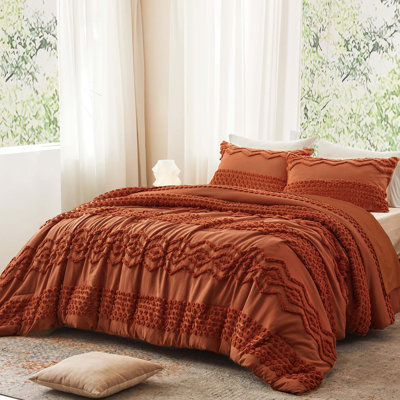3-Piece Tufted Comforter Set Boho Farmhouse Embroidery Soft All Season Bedding Set