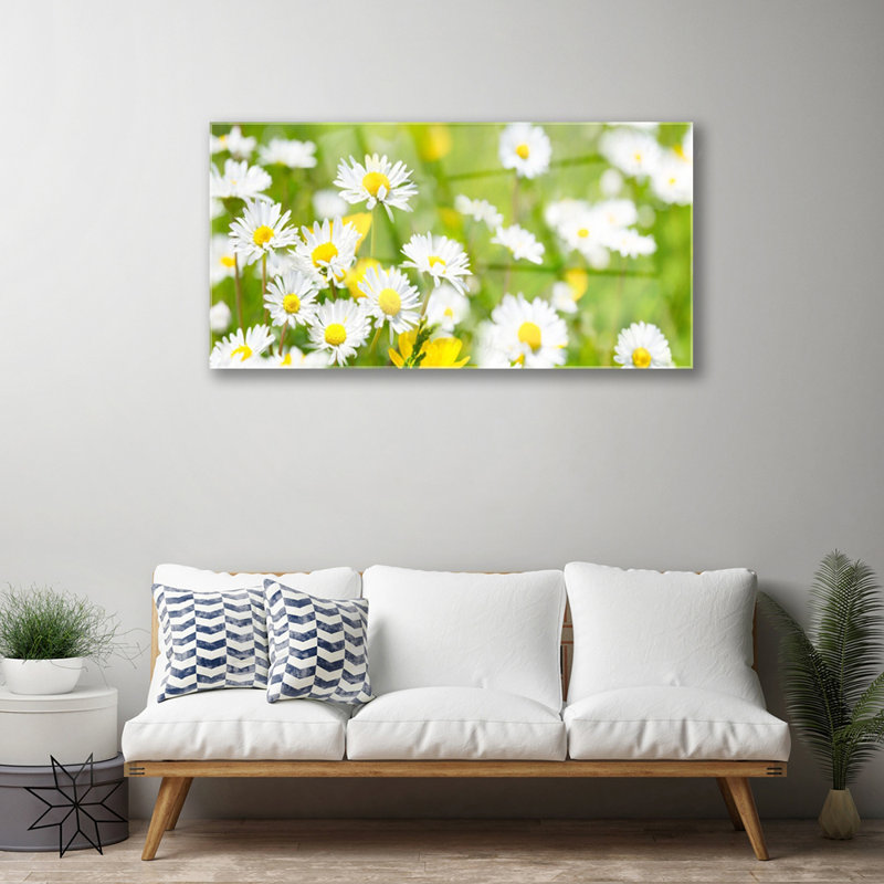 Glass Print Wall Art 100X50cm Image Printed On Glass Decorative Wall Picture Behind Toughened / Tempered Safety Real Glass For Kitchen & Living Room Theme: Daisy Floral