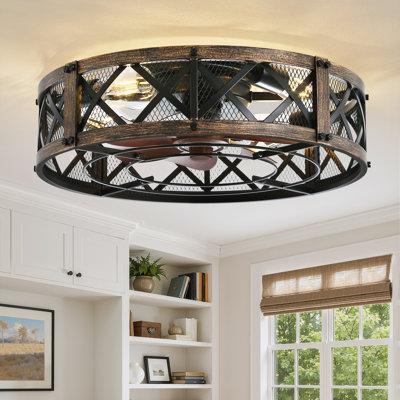  Cissline 20" Farmhouse Caged Flush Mount Ceiling Fan with Light Kit and Remote Control for Bedroom