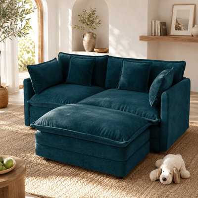 Rovēna Architectural Modular Sectional Sofa in Premium Breathable Chenille, Custom L-Shape Home Theater Configuration with Matching Ottomans and Accent Pillows