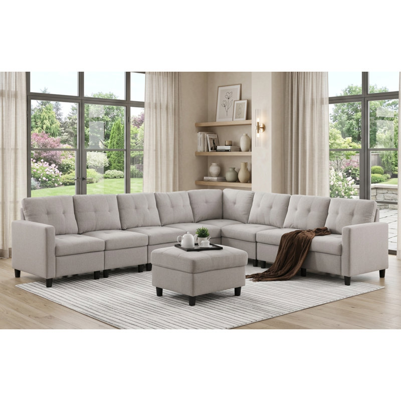 Canapé modulaire rembourré avec repose-pieds 9 pièces Kentrell, Lin gris pâle