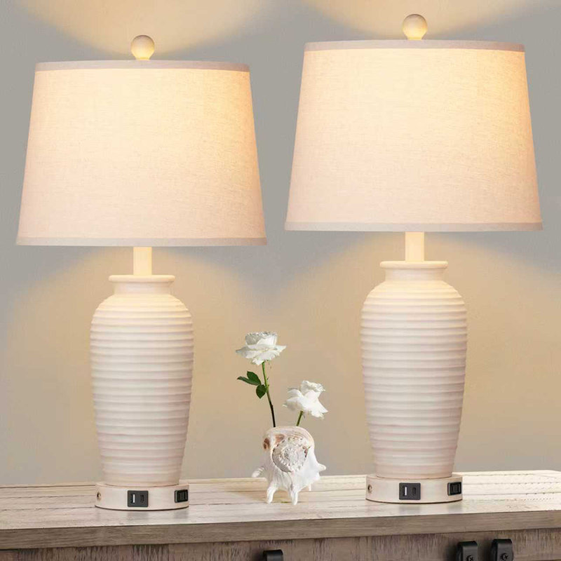 25" USB Bedside Table Lamp Set with Touch Control and Bulbs, Beige