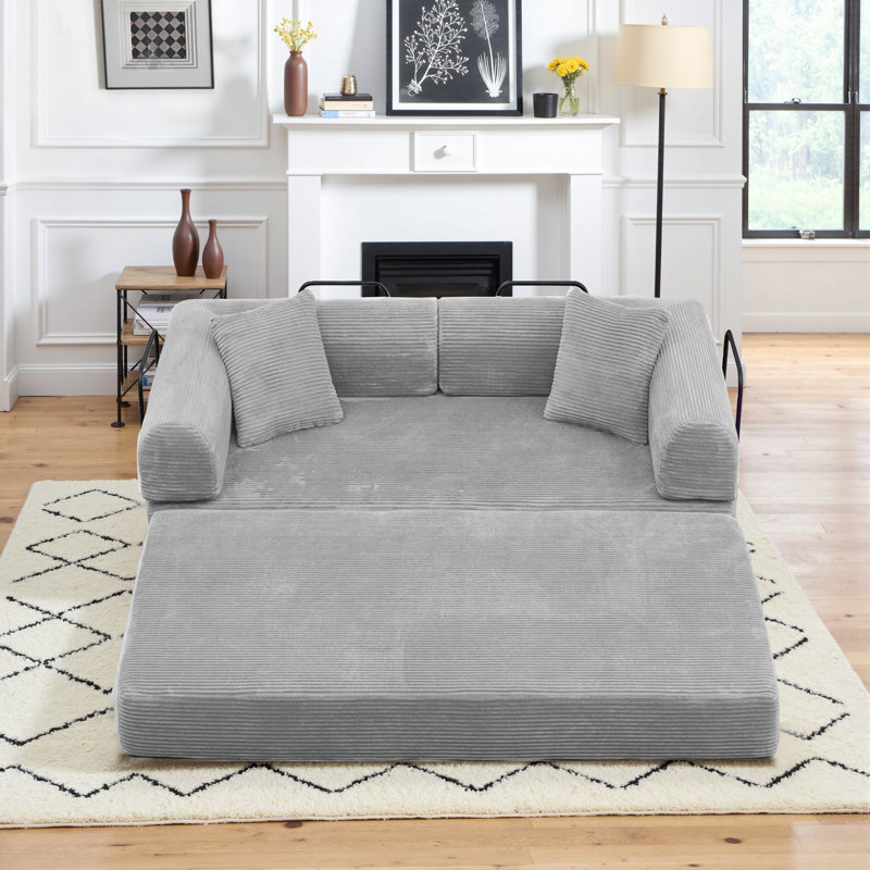63" Corduroy Sleeper Sofa Modular Sofa Bed Compression Foam Couch Bed With 2 Pillows - No Assembly Required, Light Gray