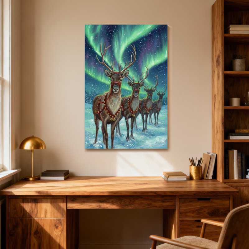 Animals Reindeer In Aurora Winter Landscape, 18" H x 12" W