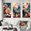 «Blooming Pink Magnolia Abstract Flower On Blue», 3 pièces sur toile-117738036-117738039