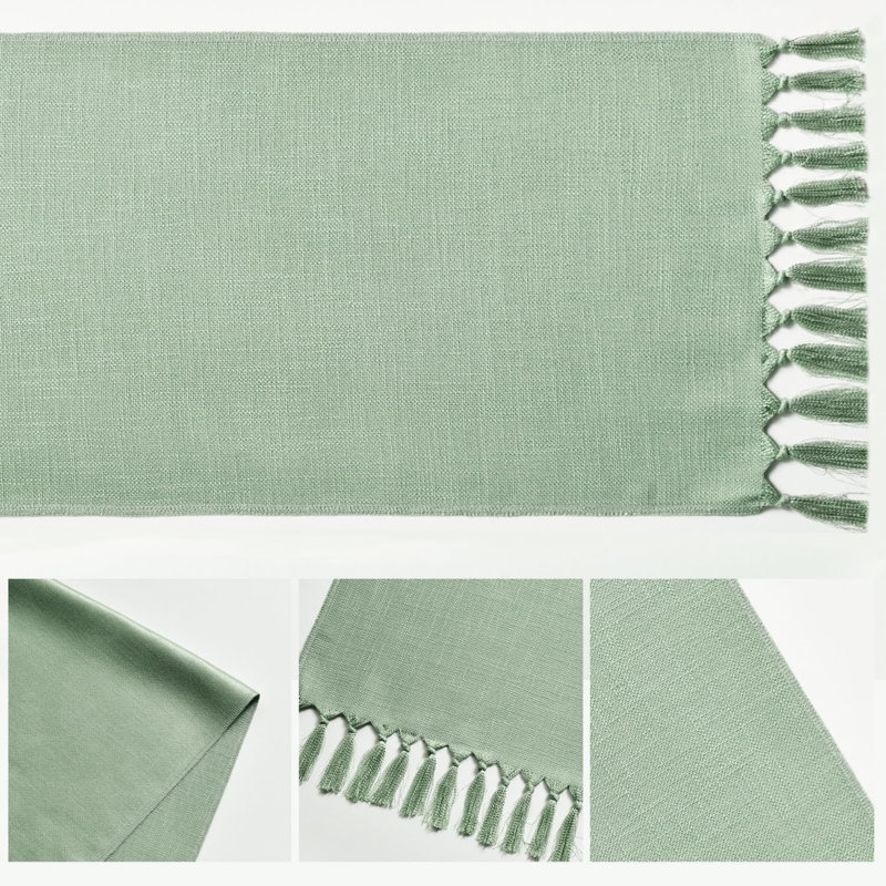 Sage Green Boho Rural Rustic Farmhouse Tassel Table Runner, 33x183 cm Spring Kitchen Dining Table Decoration Wedding Holiday Party Decor