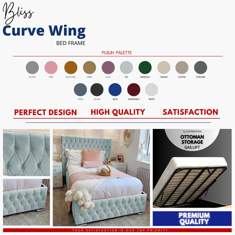 Delafuente Chesterfield Wingback Ottoman Storage Bed - Curved Velvet Upholstered Bed Frame, Ice, Single (3')