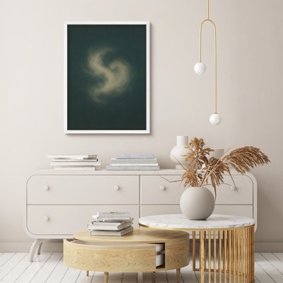Reproduction d'art encadrée - Spirale de nuage éthéré sur fond vert foncé, art abstrait rêveur pour chambres à coucher ou couloirs modernes