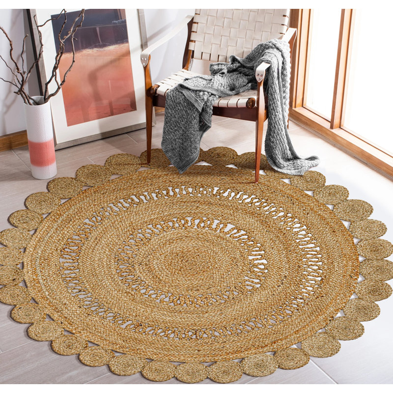 Tapis rond en jute naturel tissé à la main de 3 pi de style campagnard réversible, écologique