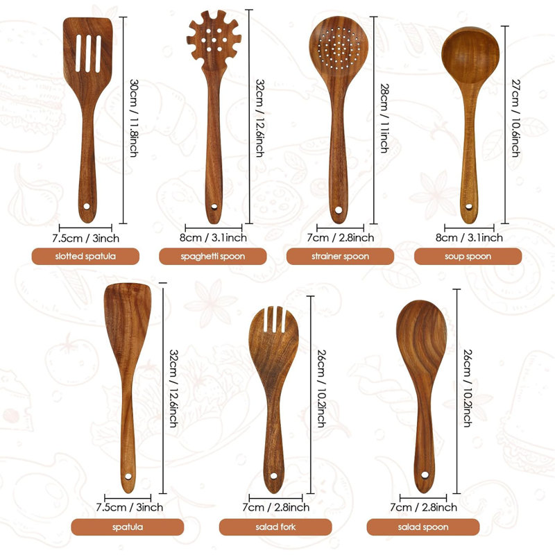 Ensemble d'ustensiles de cuisine en bois de teck 7 pièces avec spatule et louche, ustensiles de cuisine résistants à la chaleur pour casseroles antiadhésives, écologiques et durables