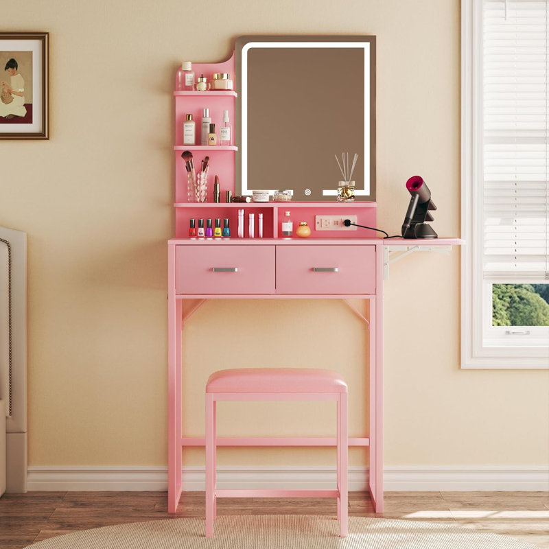 Meuble-lavabo 32,7 po avec tabouret, prise de courant et lumière DEL réglable, Rose
