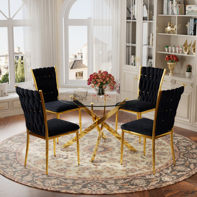Glass Round Dining Table Set with Luxury Velvet Upholstered Dining Chairs