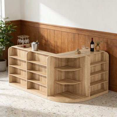 70.9" Wide L-Shaped Home Bar With 3 Drawers + 1 Storage Cabinet + Multi-Layer Display Rack by Latitude Run