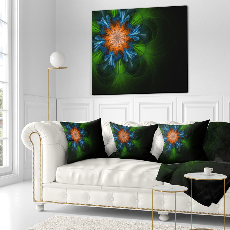 Fleur fractale vert foncé en noir - coussin à imprimé floral, 16 po x 1 po, Coussin décoratif