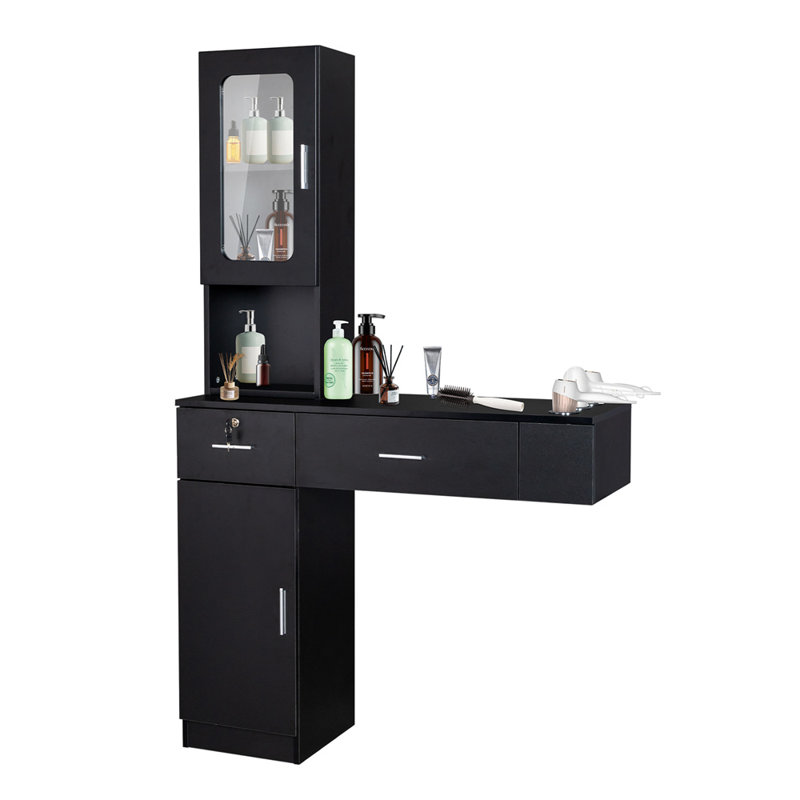 Wall Mount Barber Salon Stations With A Storage Cabinet, 2 Drawers And A 3 Tier Shelf, Black