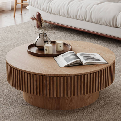 Round Coffee Table With Storage Solid Wood Veneered For Living Room, Bedroom