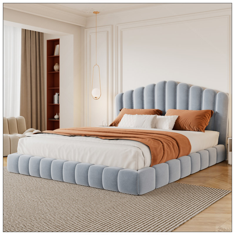 Tête de lit tapissier en velours pour lit de grand lit, sans sommier tapissier, bleu clair