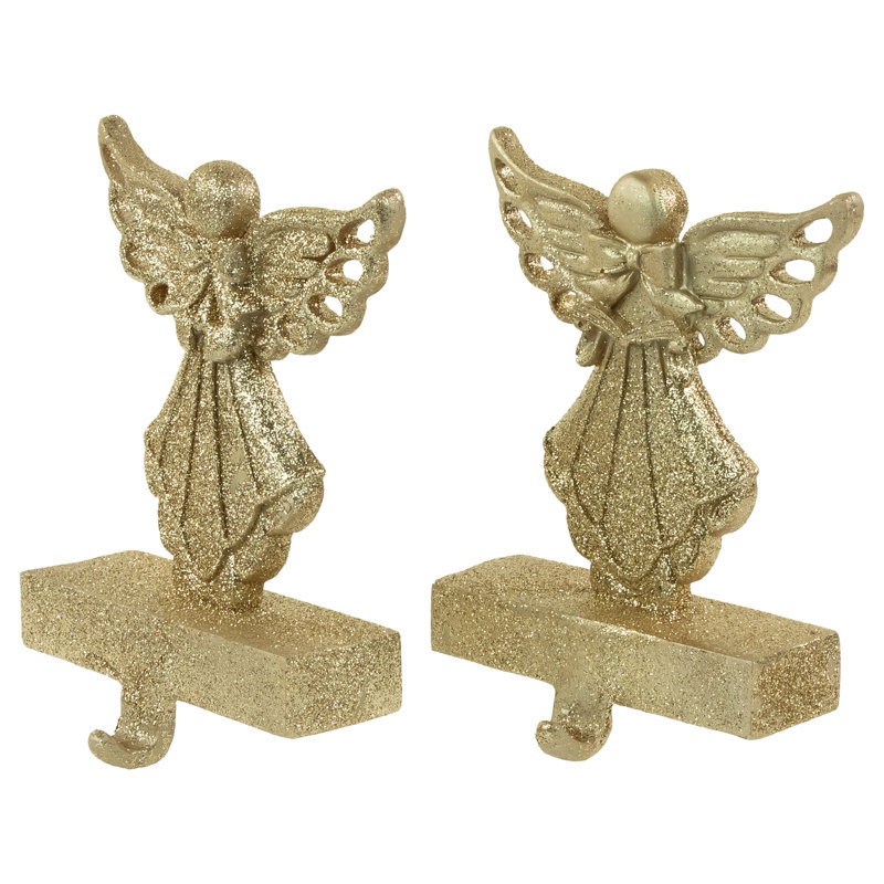 Gold Glitter Angel Christmas Stocking Holders Set of 2
