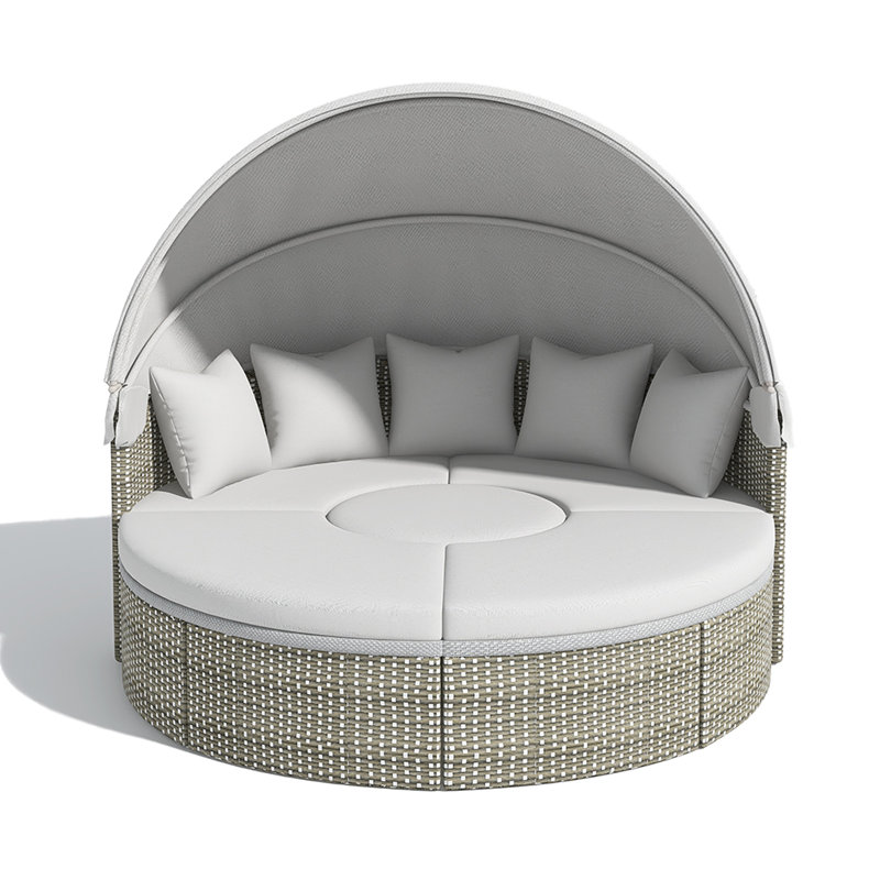 Patio Round Rattan Daybed Two-Tone Weave Sunbed With Retractable Canopy And Cushions, Gray
