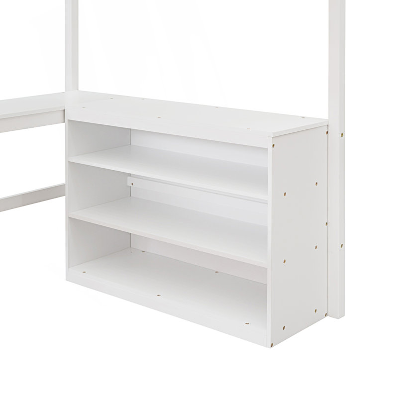Lit mezzanine double avec tablettes et bureau, lit mezzanine avec bureau, Blanc