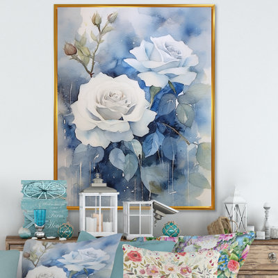 Rose Floral Canvas Wall Art, Cream Blue Flower Print - Cream Blue Rose Reverie