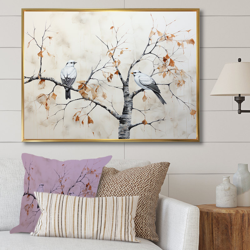 Arbre de bouleau avec oiseaux - Minimalisme, H 12 po x l 20 po x P 1 po, Cadre flottant doré