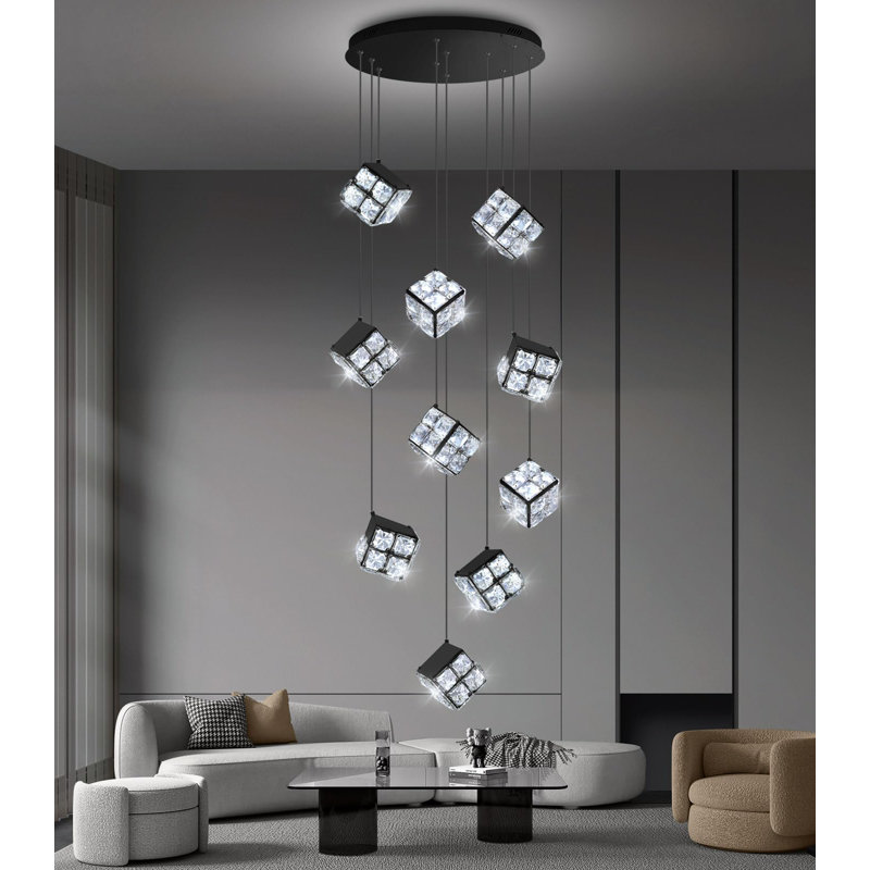 10-light Modern Dimmable Crystal Pendant Lights, Matte Black, 10 Lights, 118" H x 19.7" W x 19.7" D