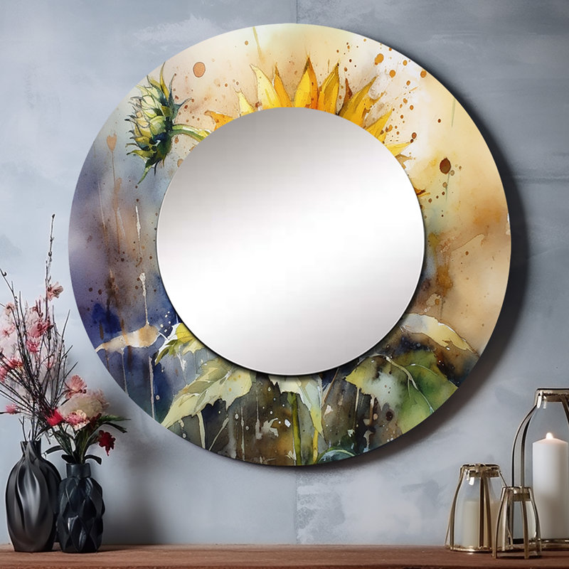 Paublo Yellow Sunflower Symphony I - Sunflower Decorative Wall Mirror, Traditional Round Mirror, Printed Metal Art, 29" x 29"