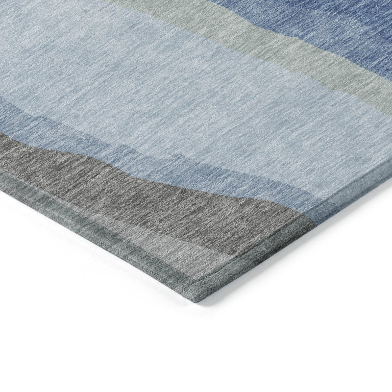 Blue Abstract Wave Pattern Washable Indoor/Outdoor Rug