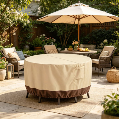 Housse de table ronde d'extérieur résistante aux intempéries, protection imperméable avec cordon de ventilation inférieur, évents latéraux, poignées noires et sac de rangement à cordon