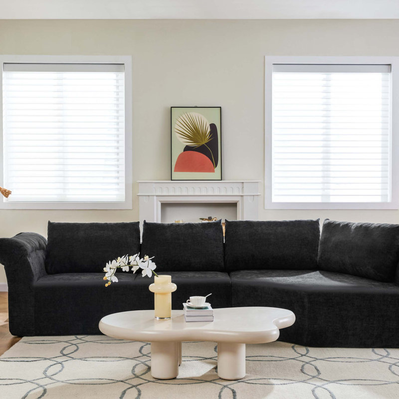 Canapé modulaire moderne avec accoudoirs larges et coussins Modern Minimalist, Tissu noir, Right Hand Facing