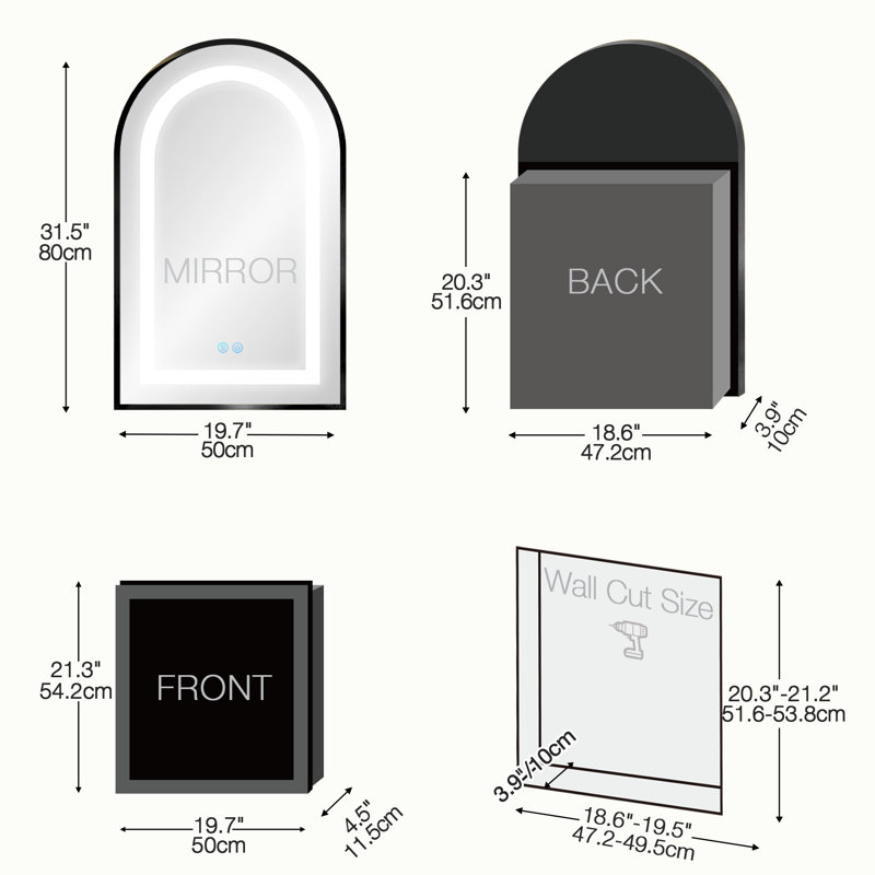 Arched Medicine Cabinet With Led, Lighted Bathroom Medicine Cabinet Mirror With Anti-fog, No Assembly Required, Recessed Or Surface Mount