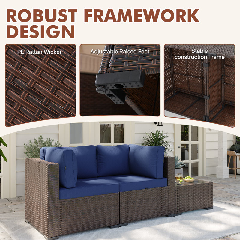 3 -Person Rattan Patio Safo With Cushions, Brown, Dark Blue
