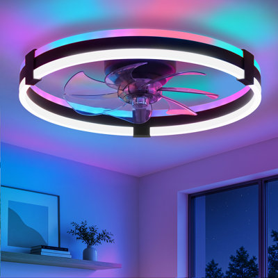 Cissline 20" Black RGB Flush Mount Ceiling Fan with Light, Remote & App Control for Bedroom / Living Room