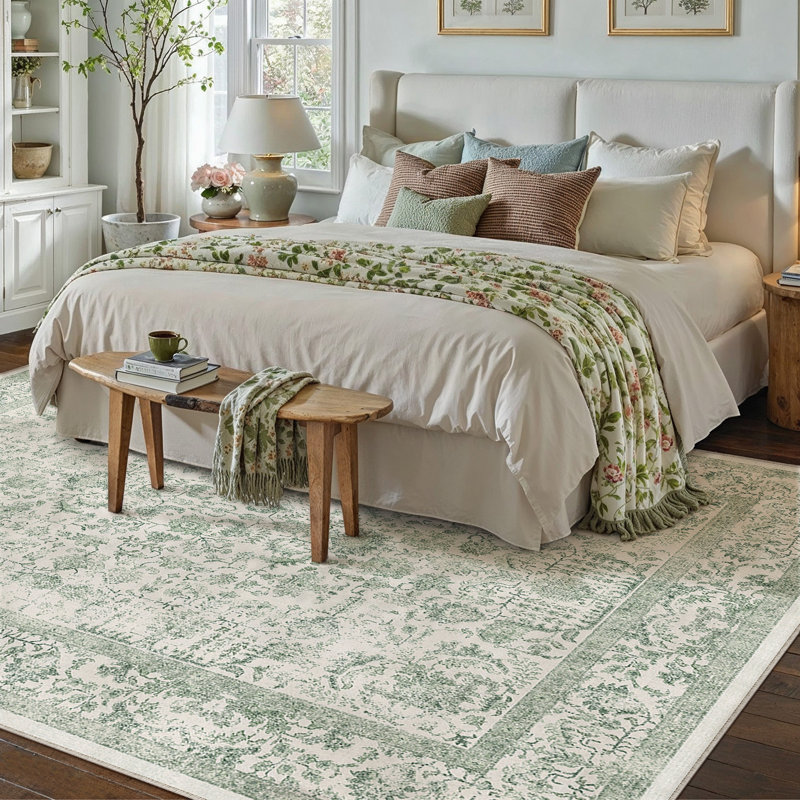 Tapis vintage lavable à la machine avec envers antidérapant Arnedo, Vert, 0.28", Rectangle 5 pi x 7 pi