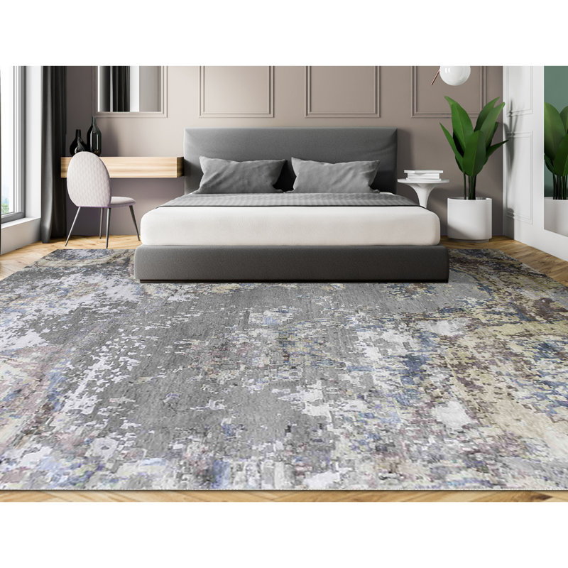 Hand Woven Silk and Wool Abstract Area Rug, Rectangle 2' x 3'