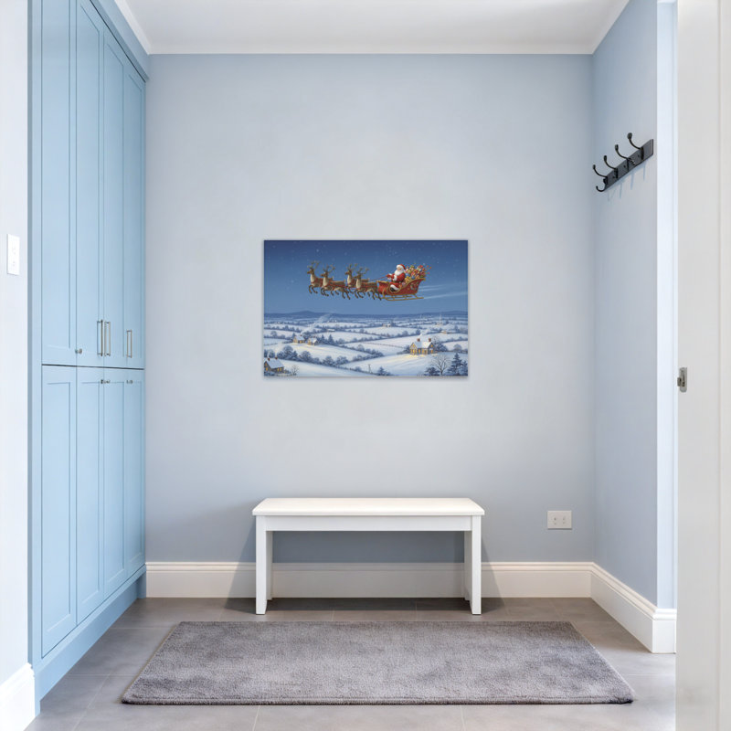 Noël, père Noël, traîneau volant, renne, paysage enneigé, scène de Noël, H 12 po x l 18 po