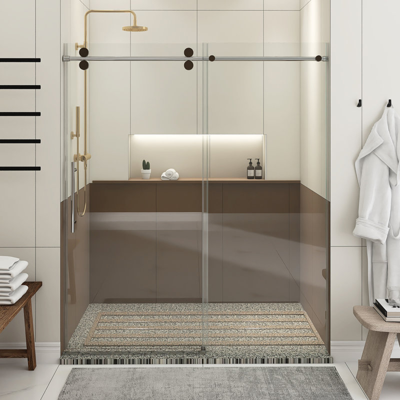 Porte de douche coulissante sans cadre avec verre trempé chromé de 56 à 60 po x H 76 po