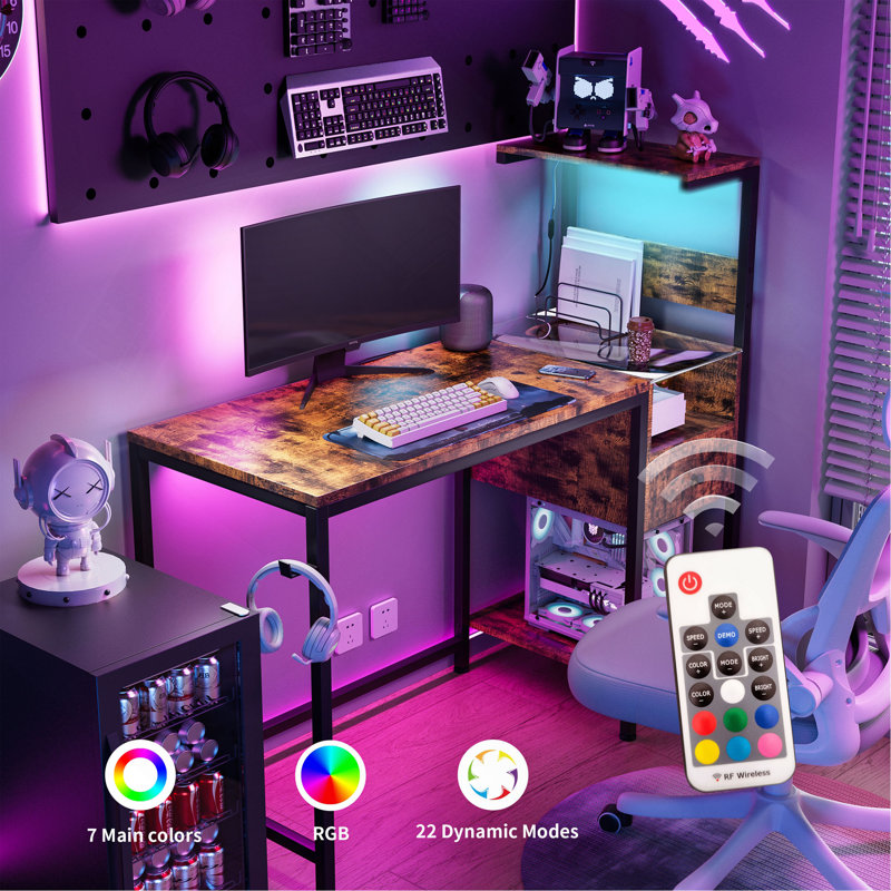 Computer Desk With Power Outlet & Storage Shelves, Study Writing Table With USB Ports Charging Station, PC Desk Workstation For Home Office