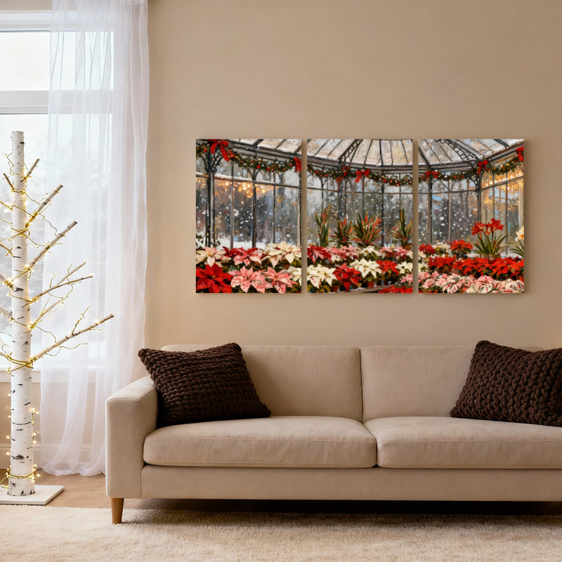 Ensemble de 3 tableaux sur toile tendue représentant des poinsettias de Noël pour serre ou jardin., H 30 po x l 60 po