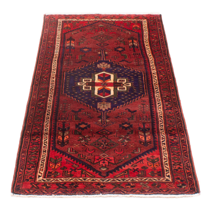 Tapis rouge foncé en laine noué à la main de conception unique 3 pi 9 po x 6 pi 7 po Jesse-James