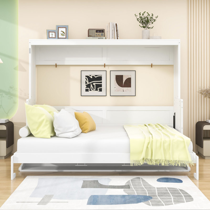 Wood Murphy Bed with Shelves, White, Queen