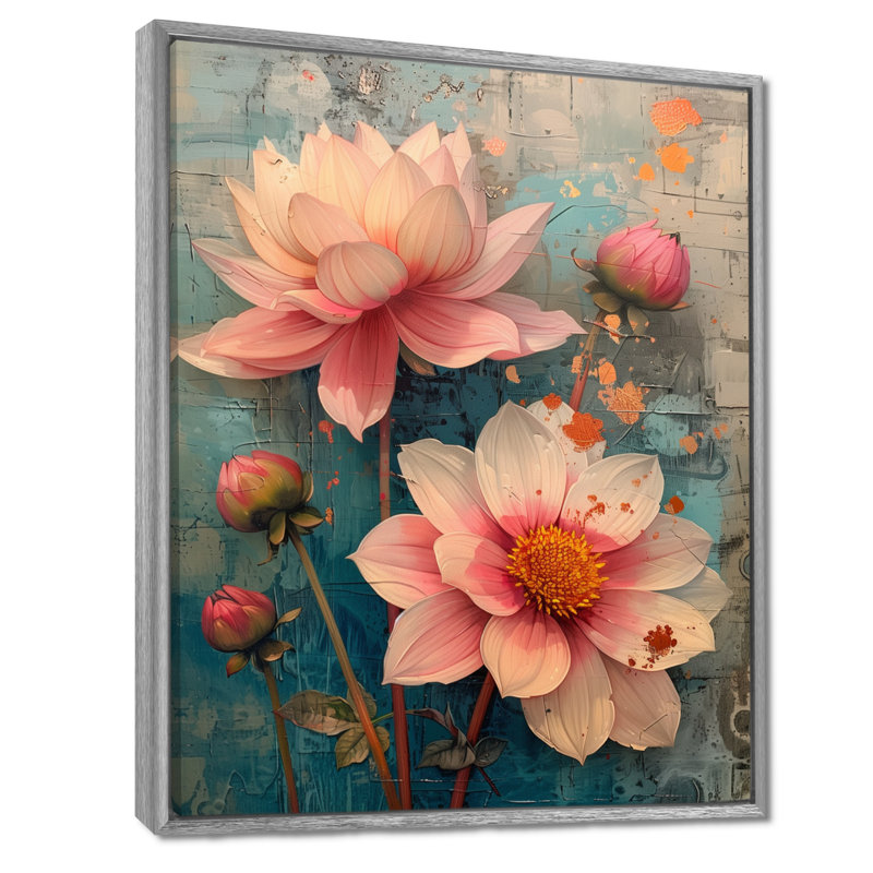 «Dahlia Collage II» - art mural rose, Encadrement argenté, H 12 po x l 20 po