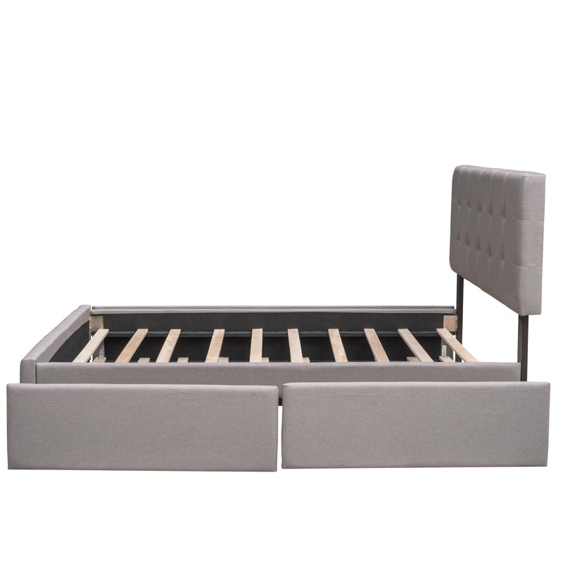 Grand lit plateforme tapissier avec 2 tiroirs et gigogne simple TG, lin gris, bouton, lit en bois, sans sommier, option de rangement