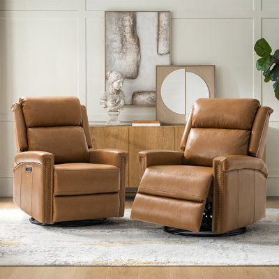 Volodia Transitional Genuine Leather Dual Motor Power Swivel Rocker Recliner with Adjustable Headrest