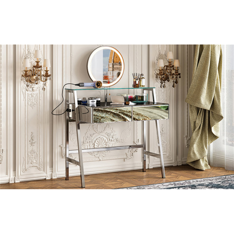 33.9" Mirrored Makeup Vanity Desk With Mirror And Lights, Mirrored Console Vanity Table With 2 Big Drawers & Open Shelf, Dressing Table With Charging Station For Bedroom