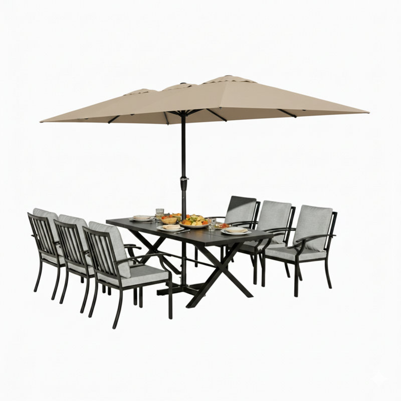 6-Person Patio Dining Set Powder Coated Steel Stackable Ergonomics Dining Armchairs Rectangular Table Umbrellas, Tan, Gray