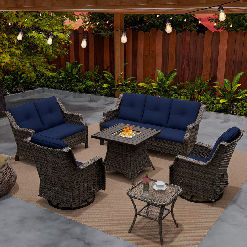 7-Person Seating Group With Fire Pit And Cushions, Blue