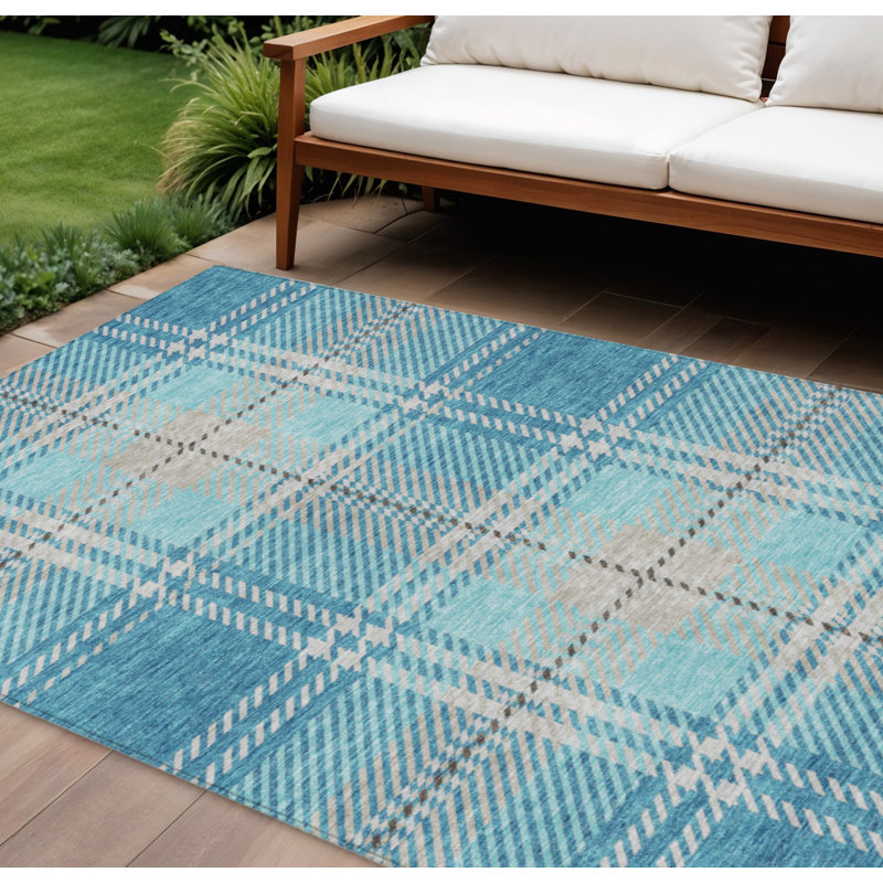 Tapis intérieur / extérieur 8 pi x 10 pi bleu sarcelle gris et brun lavable